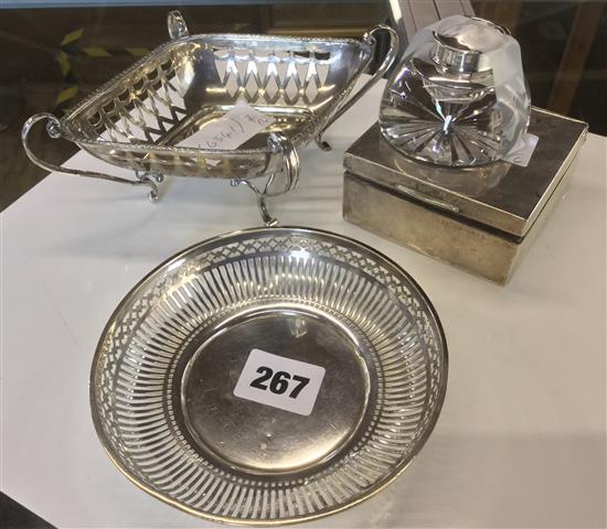 Silver bonbon dish, sterling dish, cigarette box, inkwell